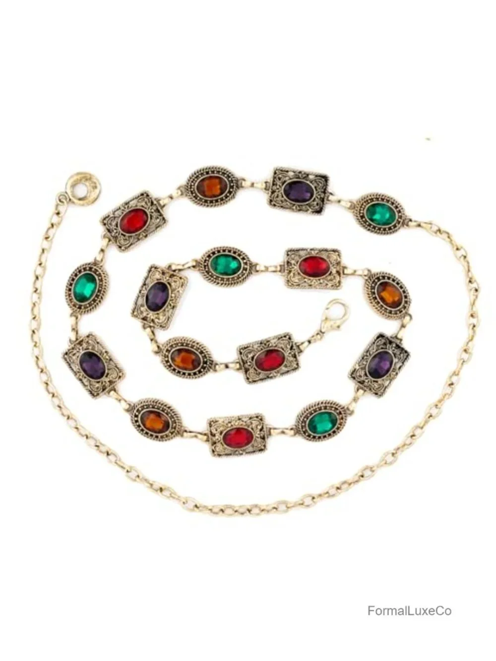 Metal Chain Belt with Rhinestone Oval Pattern - Adjustable Waist Belt for